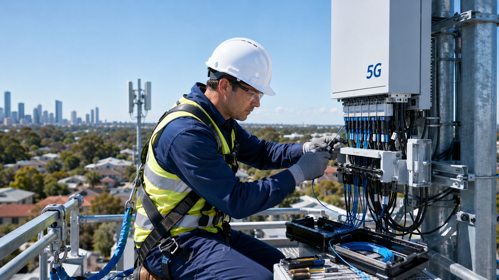 Optical fibre connection at a 5G base station in Australia
